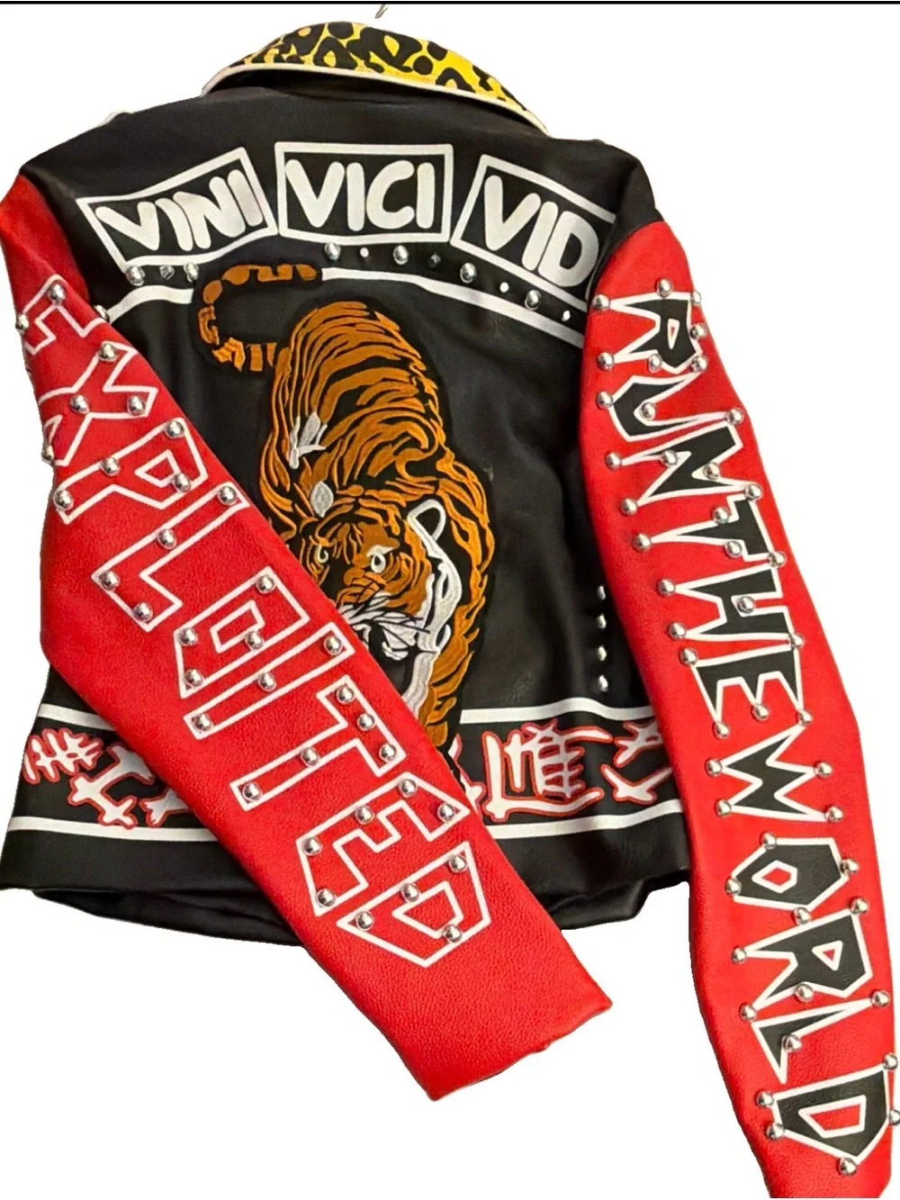 Azalea Wang Tiger Studded Moto Jacket Leopard Graphic Punk M